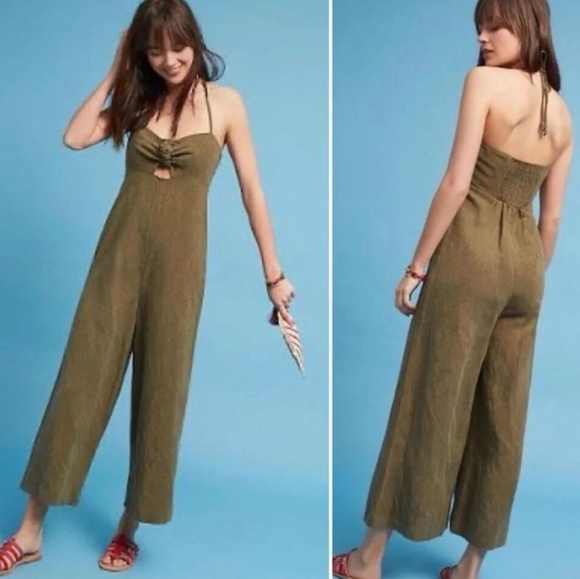 Elevenses Anthropologie Tropicale Linen Blend Jumpsuit Olive Green Wide Leg - Picture 1 of 12
